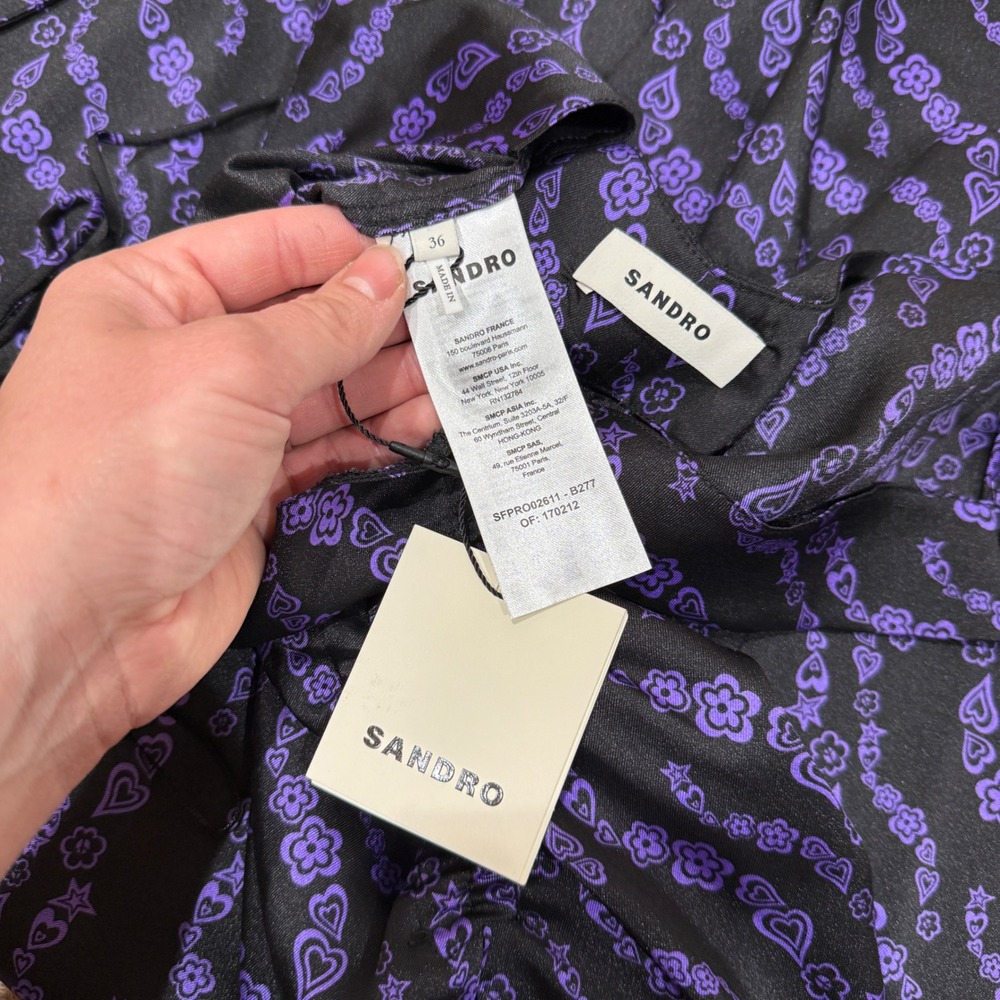 SANDRO Thais Ruched Crossback A-Line Midi Dress Noir Violet Heart Print 36 US 4 - Picture 3 of 14